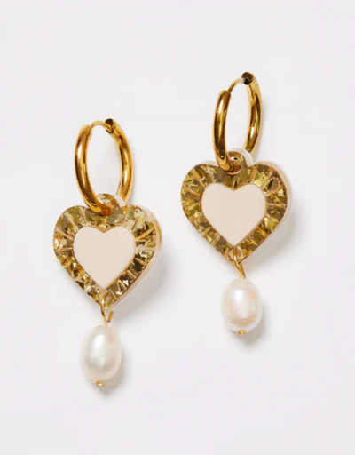 Martha Jean - Heart and Pearl Earrings Gold/Beige - Say It Sister
