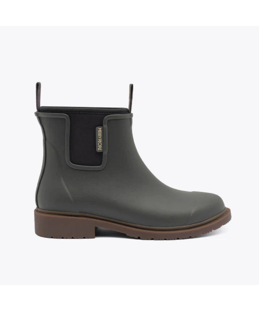 Charcoal Merry People Bobbi gumboots with side view, waterproof rubber footwear for rainy weather.
