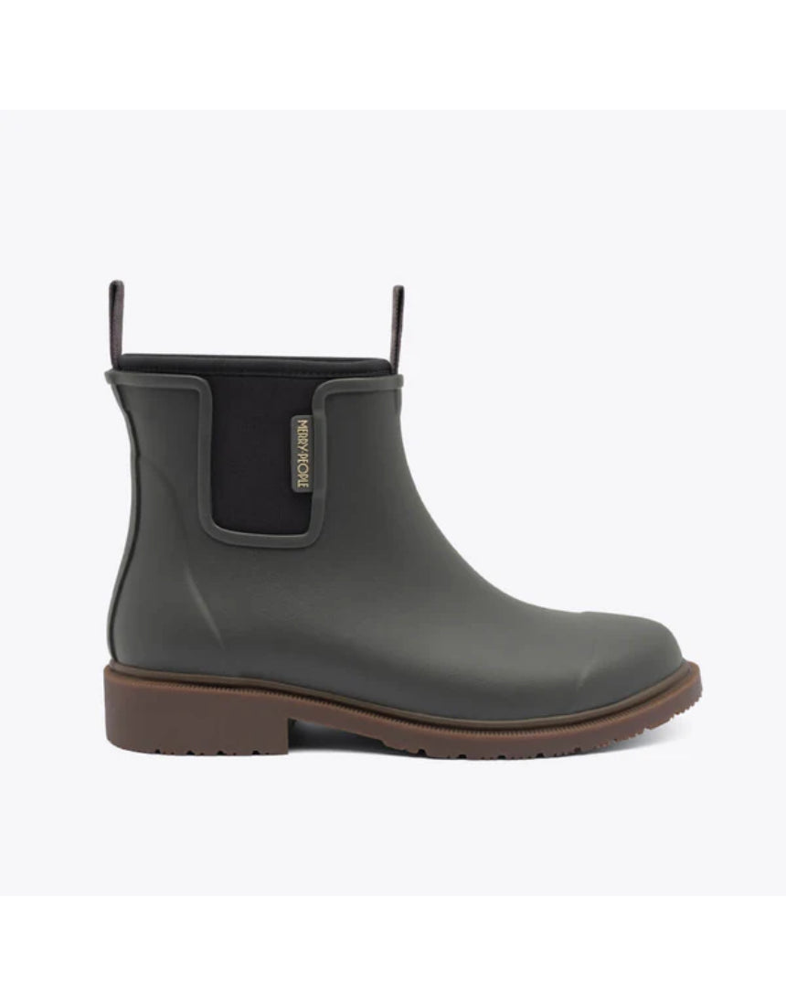 Charcoal Merry People Bobbi gumboots with side view, waterproof rubber footwear for rainy weather.