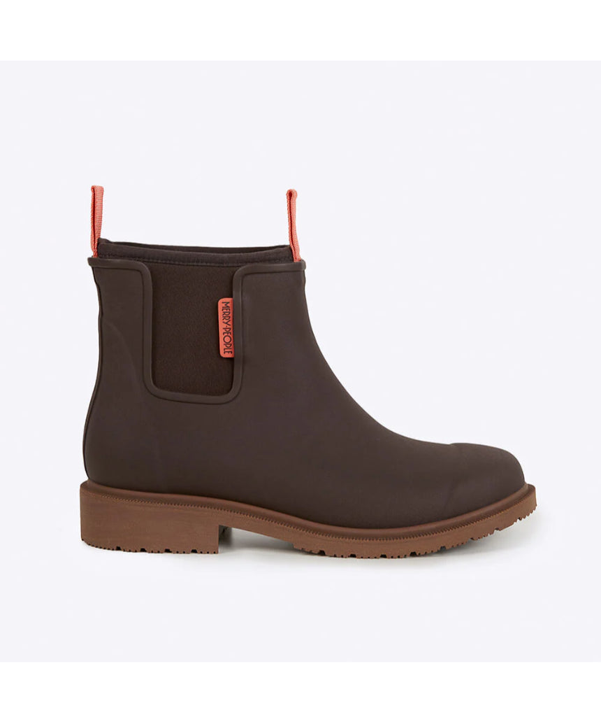Merry People Bobbi gumboots in mocha, side view showing stylish waterproof rubber footwear for rainy days