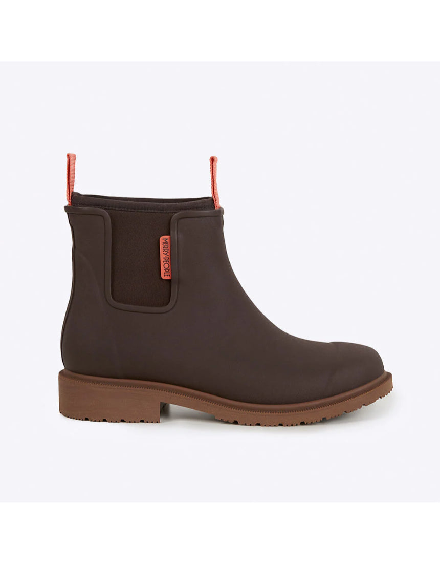 Merry People Bobbi gumboots in mocha, side view showing stylish waterproof rubber footwear for rainy days