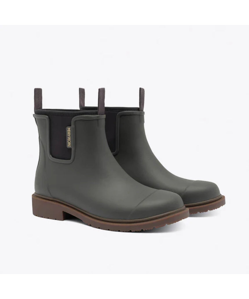 Merry People Bobbi gumboots in charcoal color, stylish waterproof rubber boots with a textured sole and ankle height.