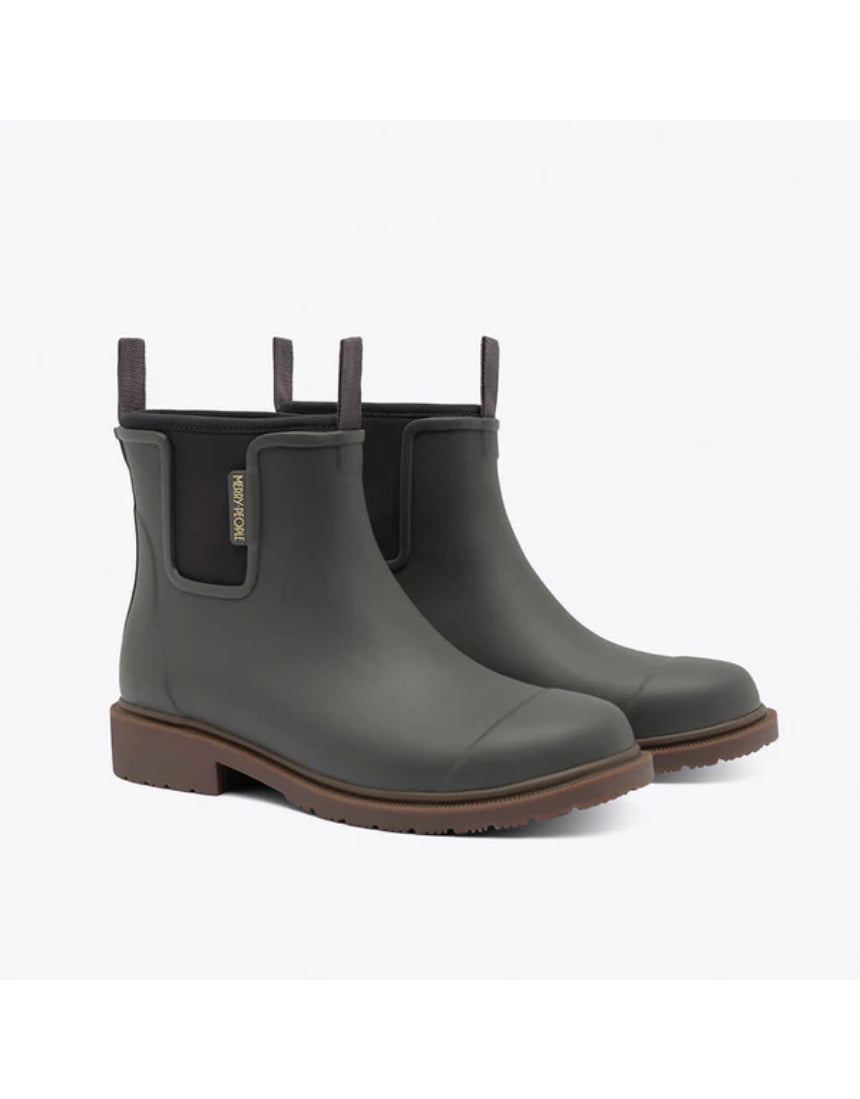 Merry People Bobbi gumboots in charcoal color, stylish waterproof rubber boots with a textured sole and ankle height.