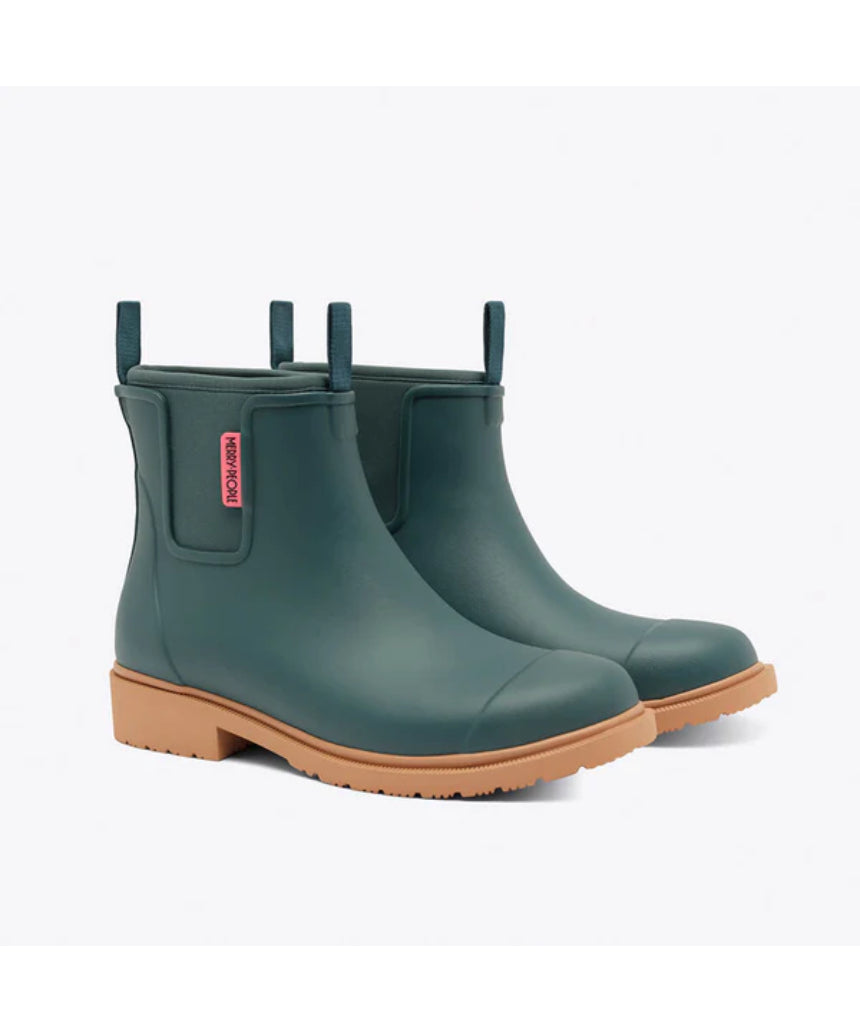 Merry People Bobbi Gumboot in teal, stylish waterproof rubber boots with a textured sole and adjustable pull tabs.