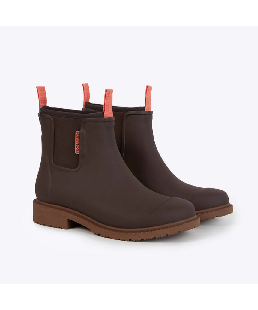Merry People Bobbi Gumboots in Mocha, stylish waterproof rubber boots with a matte finish, shown from an angled side view.