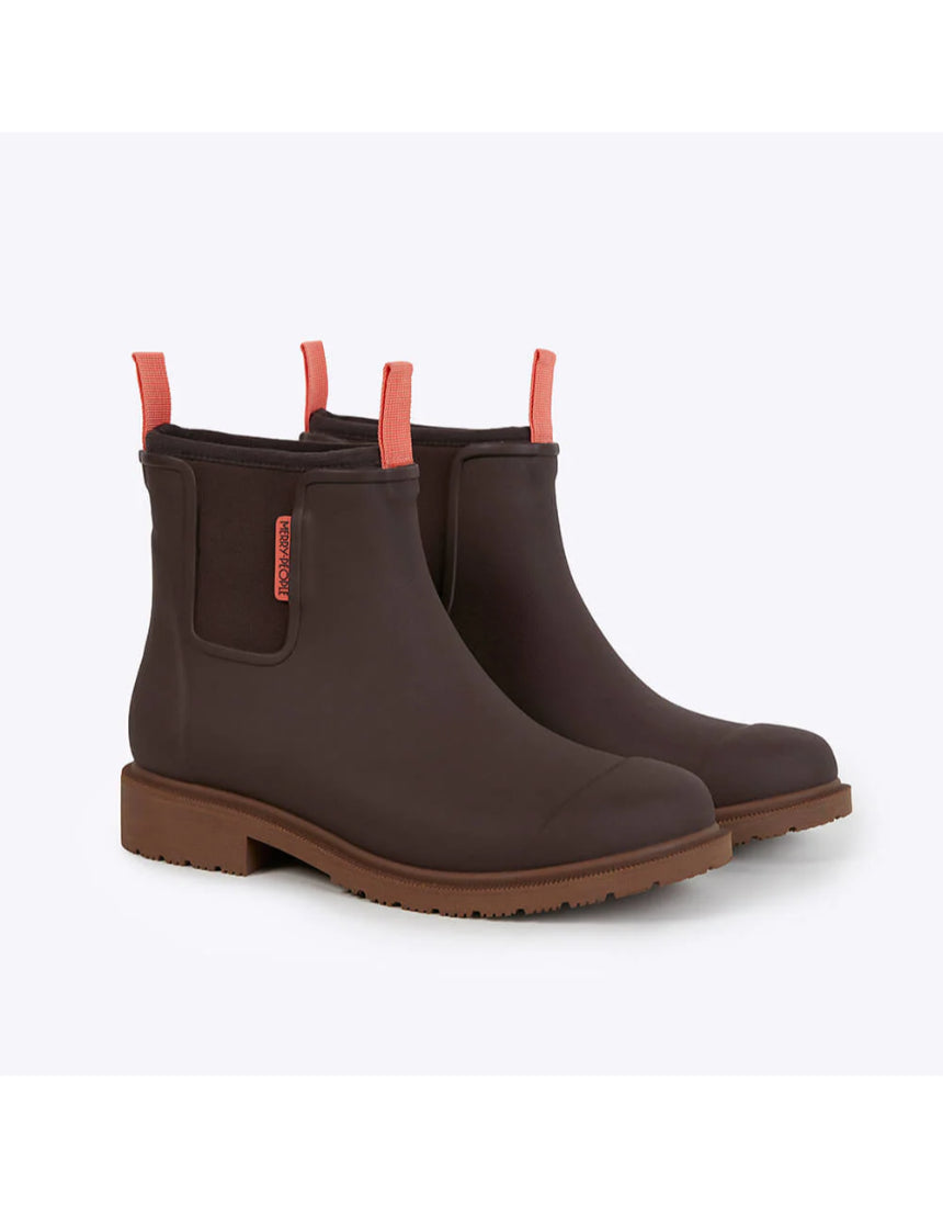 Merry People Bobbi Gumboots in Mocha, stylish waterproof rubber boots with a matte finish, shown from an angled side view.