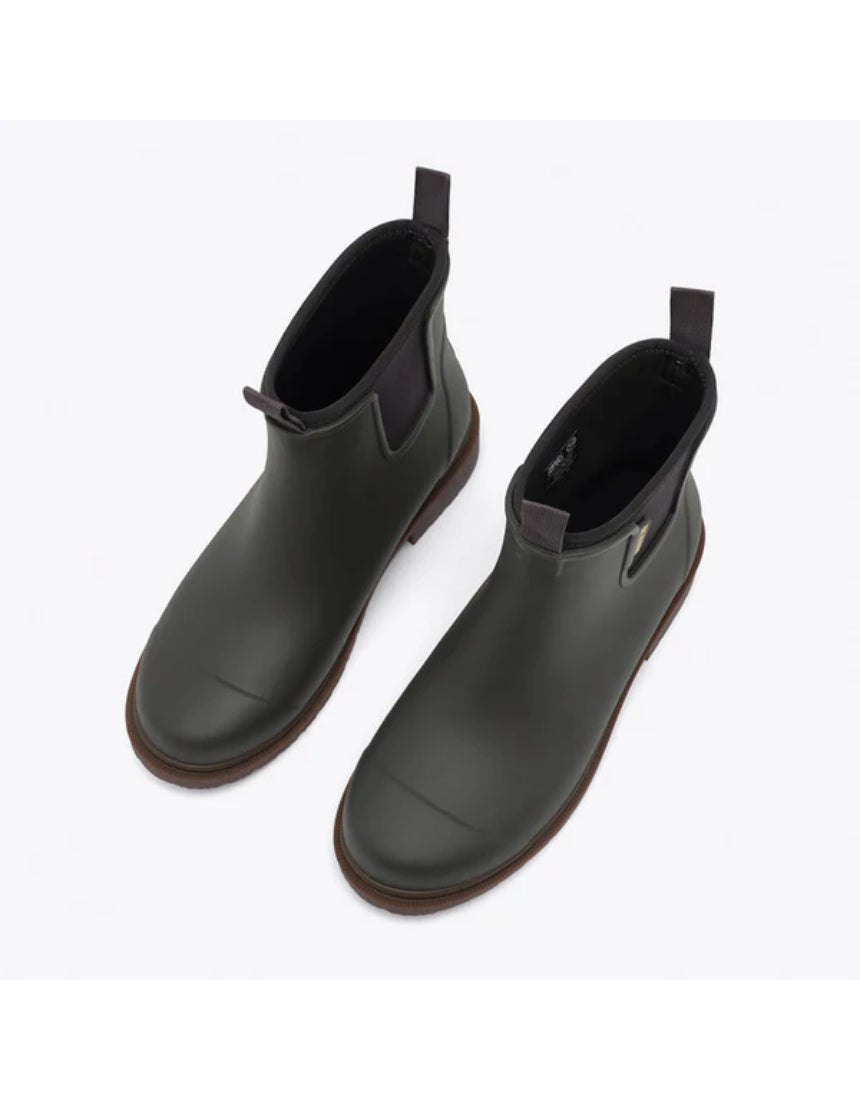 Charcoal Merry People Bobbi gumboots shown from a high angle, featuring waterproof rubber and stylish design for rainy days.