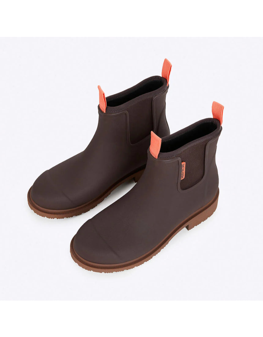 Merry People Bobbi Gumboots in Mocha color, stylish waterproof rubber boots for women, high-angle view.