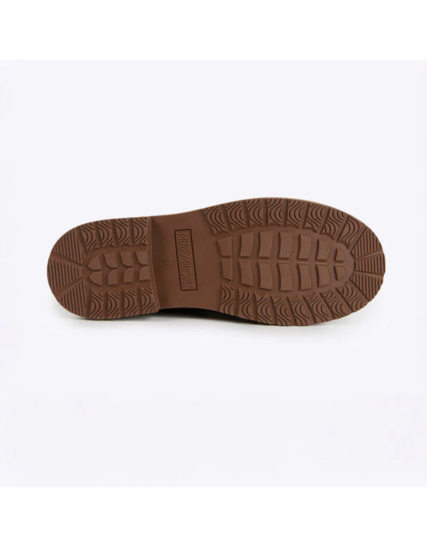 Merry People Bobbi gumboots in mocha with black soles, waterproof rubber boots for rainy weather, featuring a stylish design.