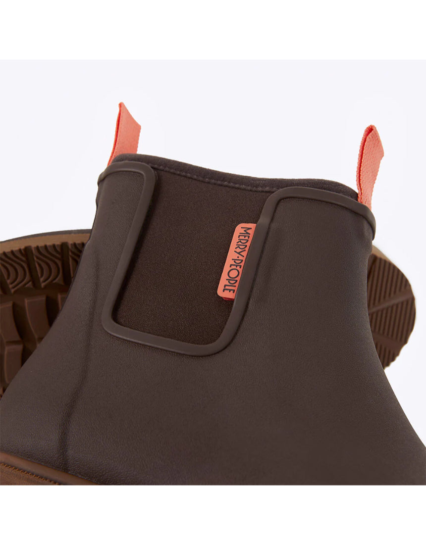 Close-up of Merry People Bobbi Gumboot in Mocha, showing its stylish waterproof design and textured rubber sole.