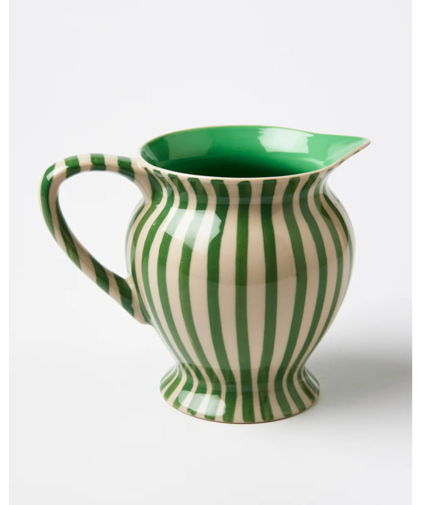 Jones & Co green striped pitcher vase with a smooth ceramic finish and classic cylindrical shape.