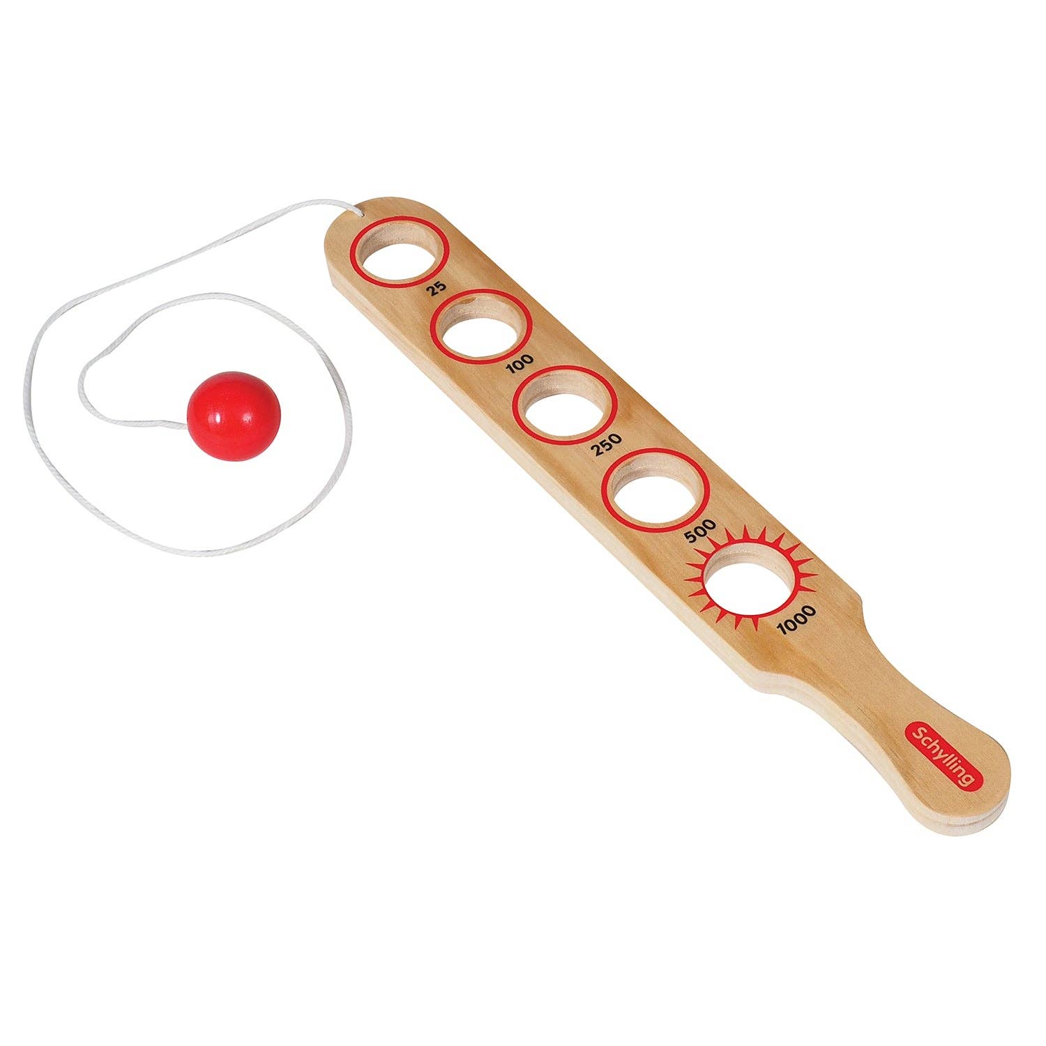 Schylling Flip Stick Game, a colorful skill toy with a long wooden stick and flipping mechanism for fun, hands-on play.