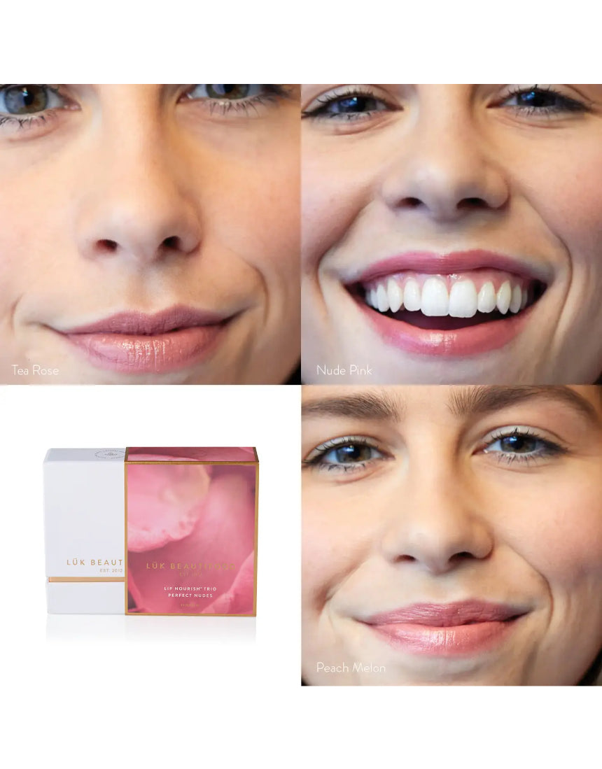 Lük Beautifood Lip Nourish Trio with three nude-colored lip balms in sleek packaging, perfect for natural, hydrated lips.