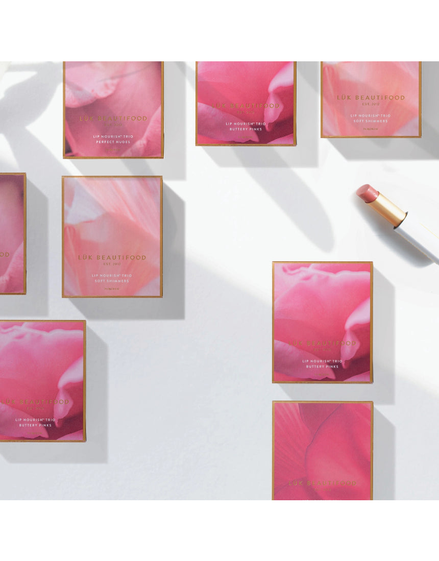 Luk Beautifood Lip Nourish Trio in perfect nude shades featuring natural, nourishing lip balms in sleek packaging.