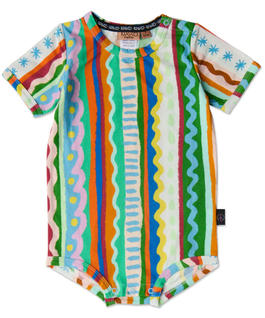 Kip & Co baby clothing beach pattern short sleeve romper with colorful ocean-inspired design and soft fabric for infants.