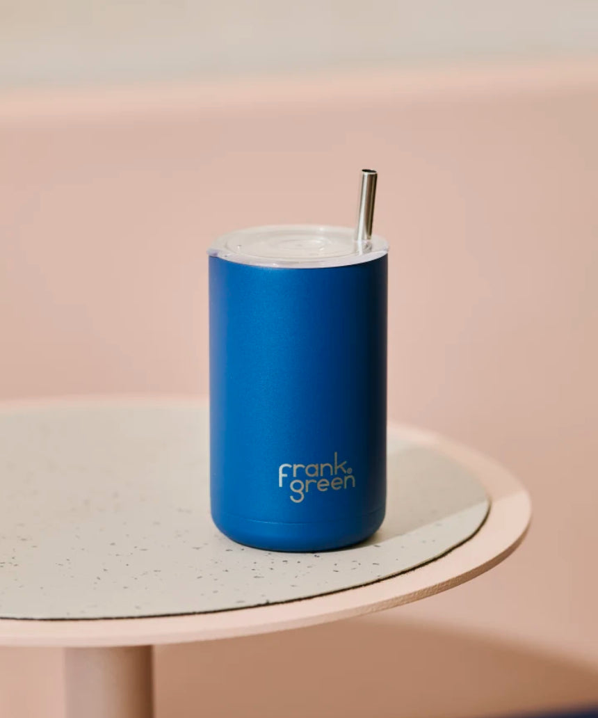 Frank Green iced coffee cup with straw in Deep Ocean color, featuring a sleek, reusable design and spill-proof lid.