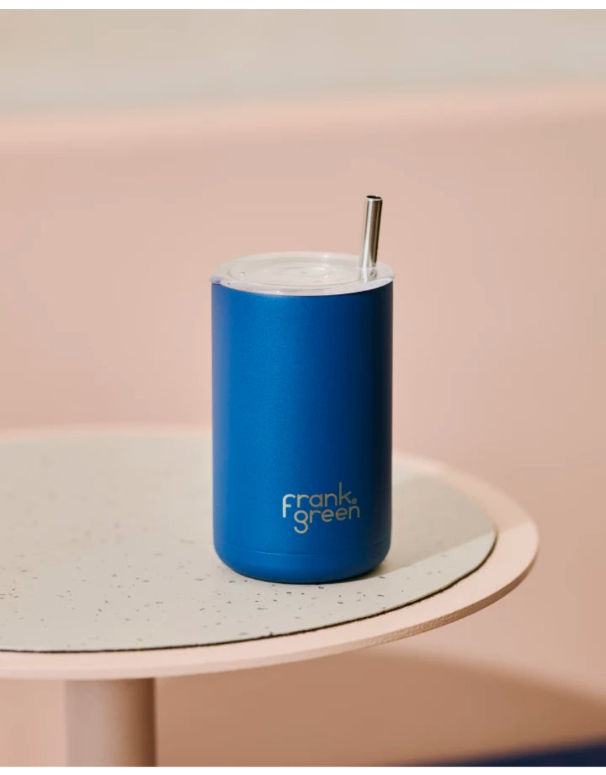 Frank Green iced coffee cup with straw in Deep Ocean color, featuring a sleek, reusable design and spill-proof lid.