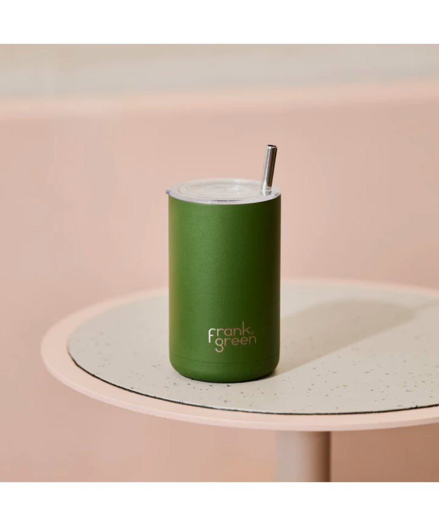 Frank Green iced coffee cup with straw in khaki color, reusable stainless steel tumbler for hot and cold beverages