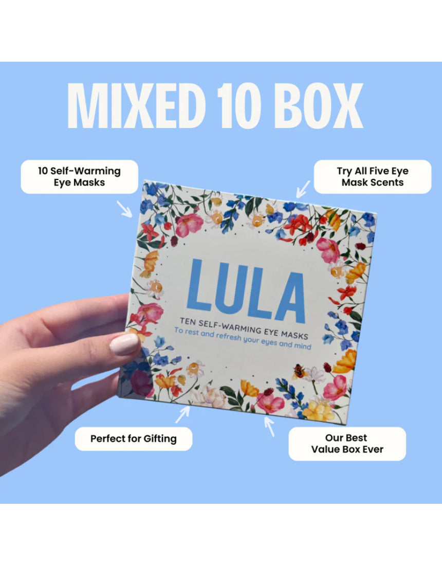 Set of 10 Lula self-warming eye masks in a mixed pack, designed for soothing and relaxing eye comfort.