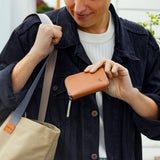Bellroy Folio Mini wallet in Hazelnut showing leather exterior with card slots and compact design.