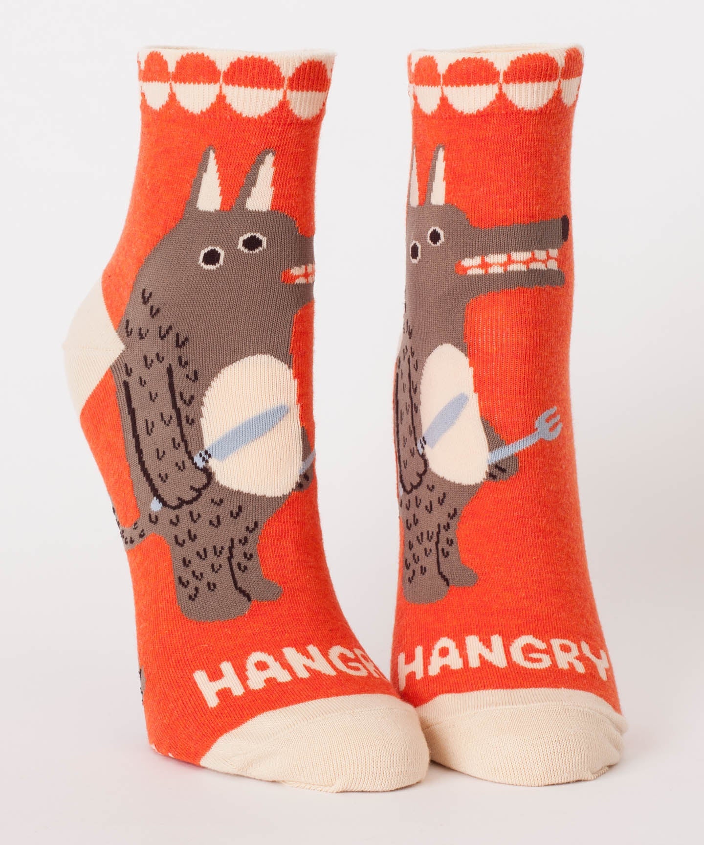 Blue Q Hangry ankle socks featuring vibrant blue fabric with playful, humorous design visible in the image.