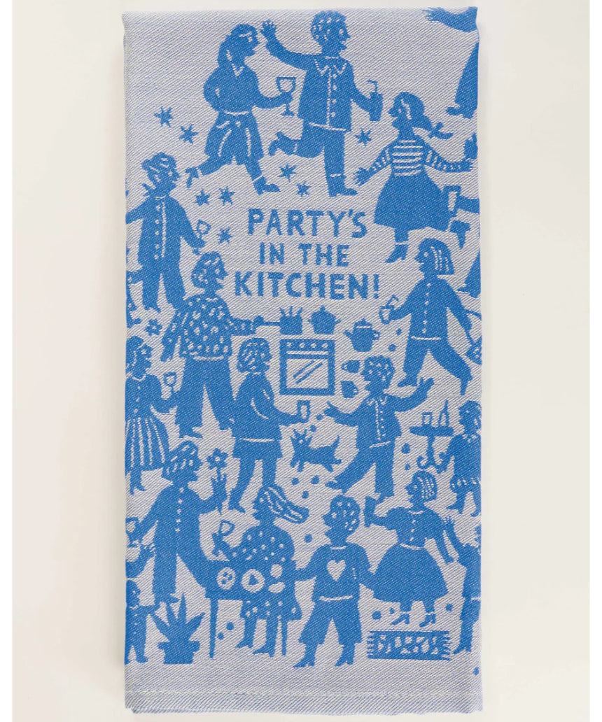 Blue Q tea towel featuring a colorful kitchen party design with playful graphics and vibrant colors.