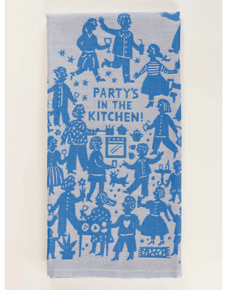 Blue Q tea towel featuring a colorful kitchen party design with playful graphics and vibrant colors.
