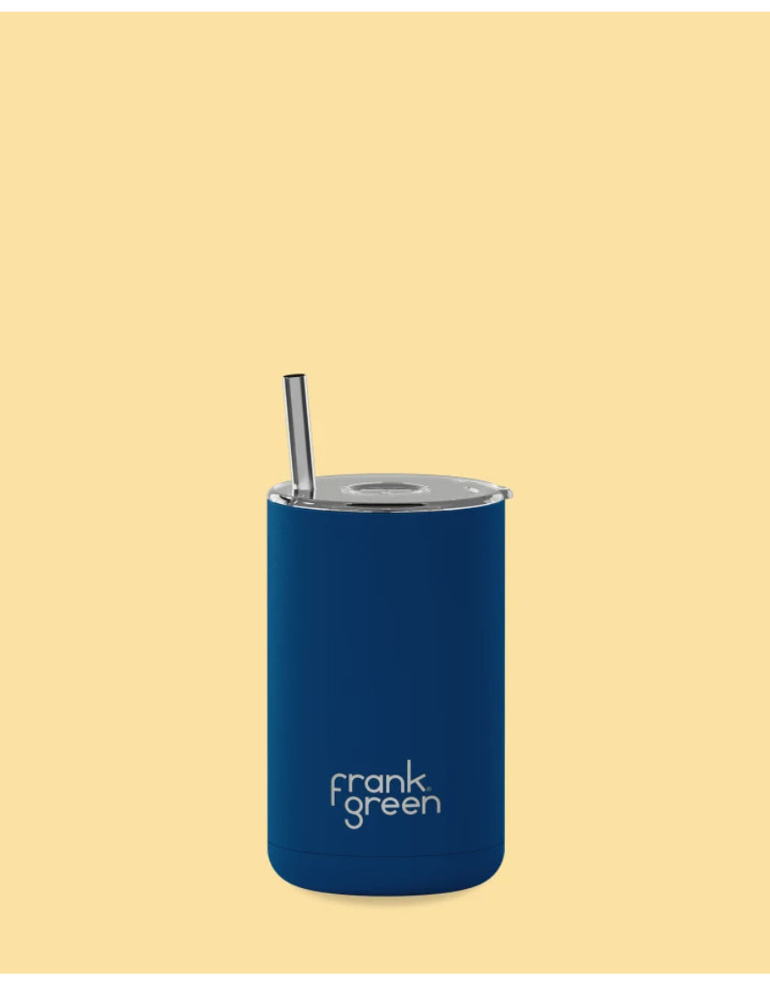 Frank Green Iced Coffee Cup with Straw in Deep Ocean, reusable stainless steel tumbler with lid and straw for cold beverages