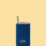 Frank Green Iced Coffee Cup with Straw in Deep Ocean, reusable stainless steel tumbler with lid and straw for cold beverages