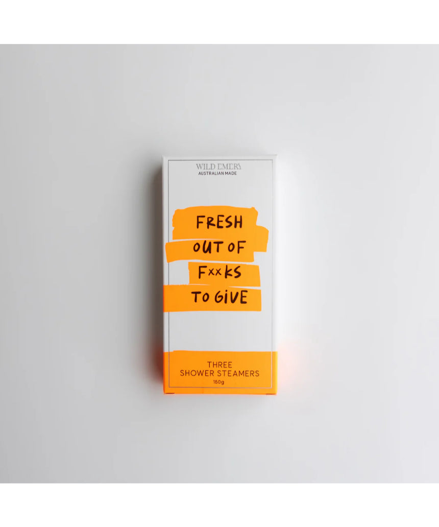 Wild Emery Fresh Out of F*cks to Give Shower Steamer 3-pack, colorful bath and body product with vibrant packaging.