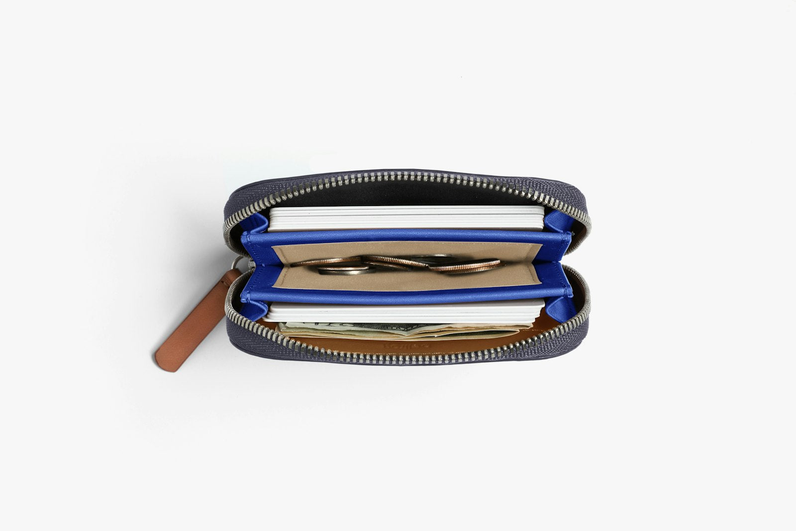 Bellroy Folio Mini wallet in charcoal cobalt with card slots and a compact design, showing the textured leather surface.