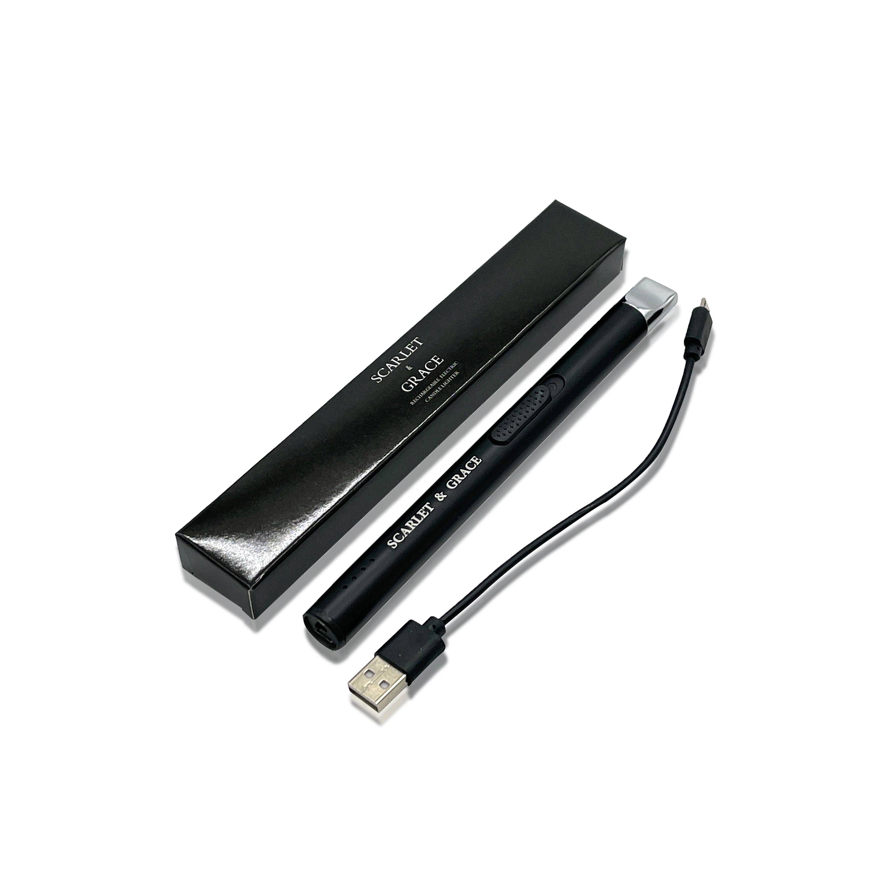 Scarlet & Grace rechargeable matte black lighter with sleek design, electric ignition, and compact size for easy use.