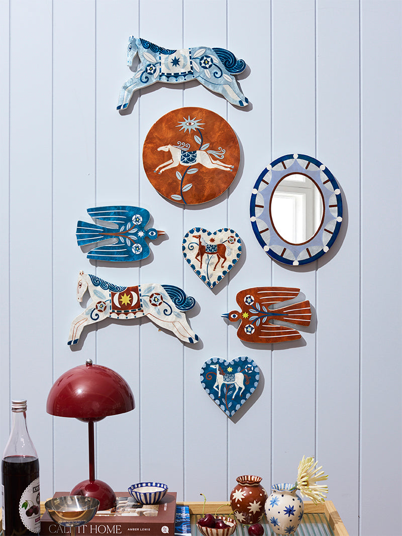 Jones & Co Paloma Blue Horse heart-shaped capiz wall art
