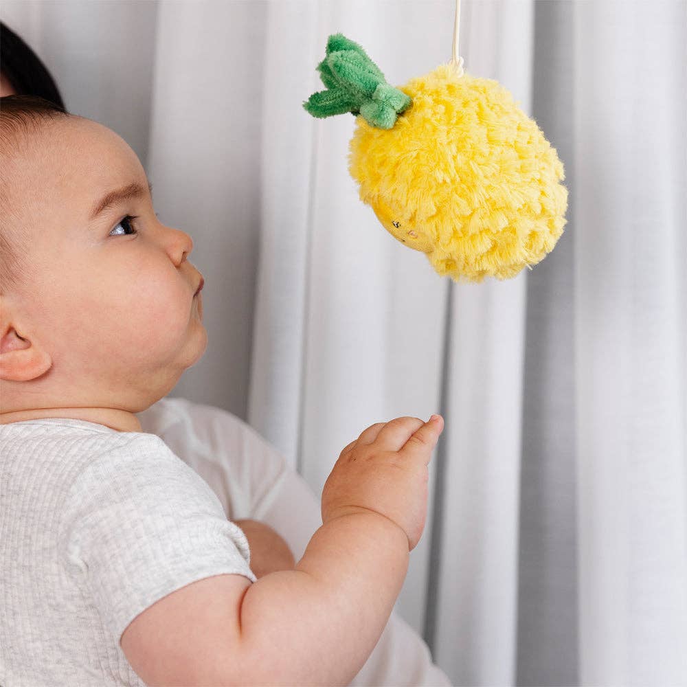 Living Textiles stroller toys featuring plush pineapple and cherries, colorful and soft for baby entertainment.