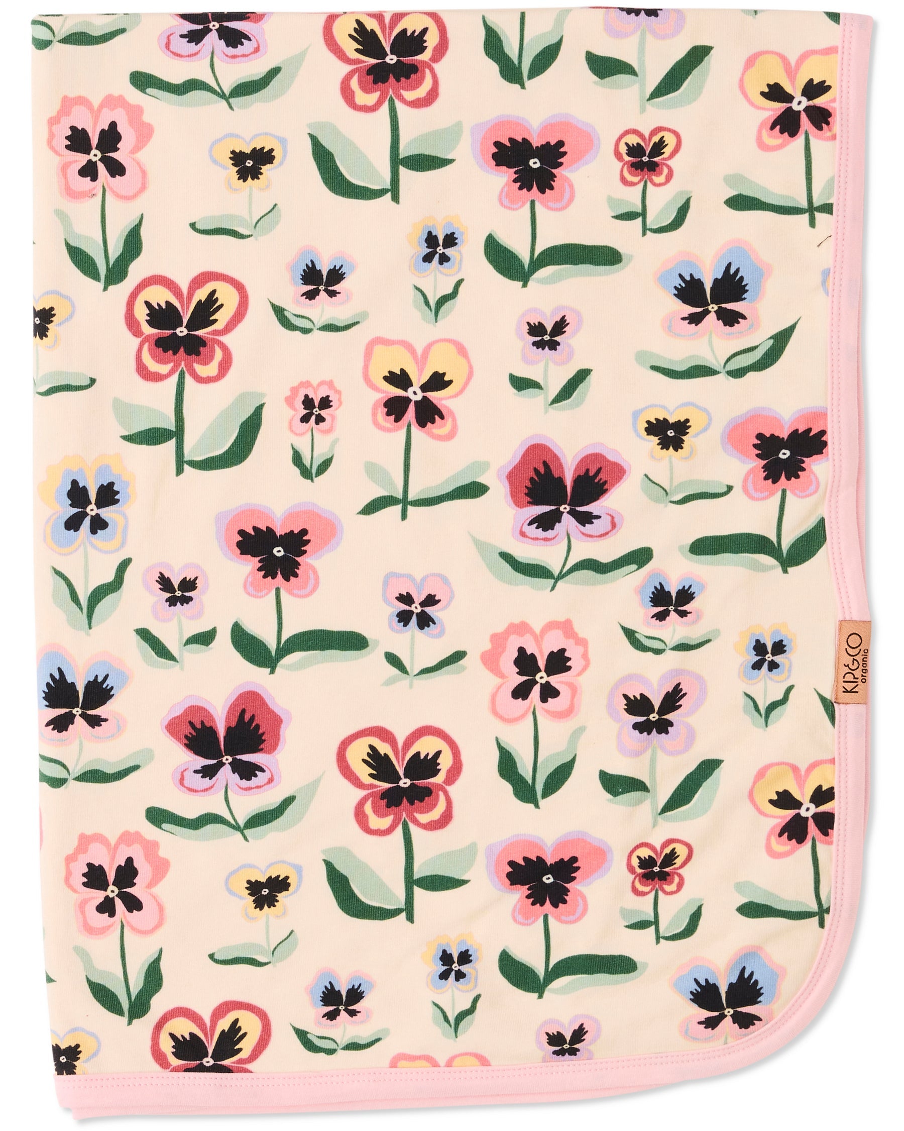 Kip & Co Pretty Pansy organic cotton baby blanket with floral pattern, soft and cozy for infants and young children.
