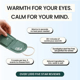 Lula self-warming eye mask with eucalyptus and tea tree, shown on a person’s closed eyes for relaxation and soothing relief.