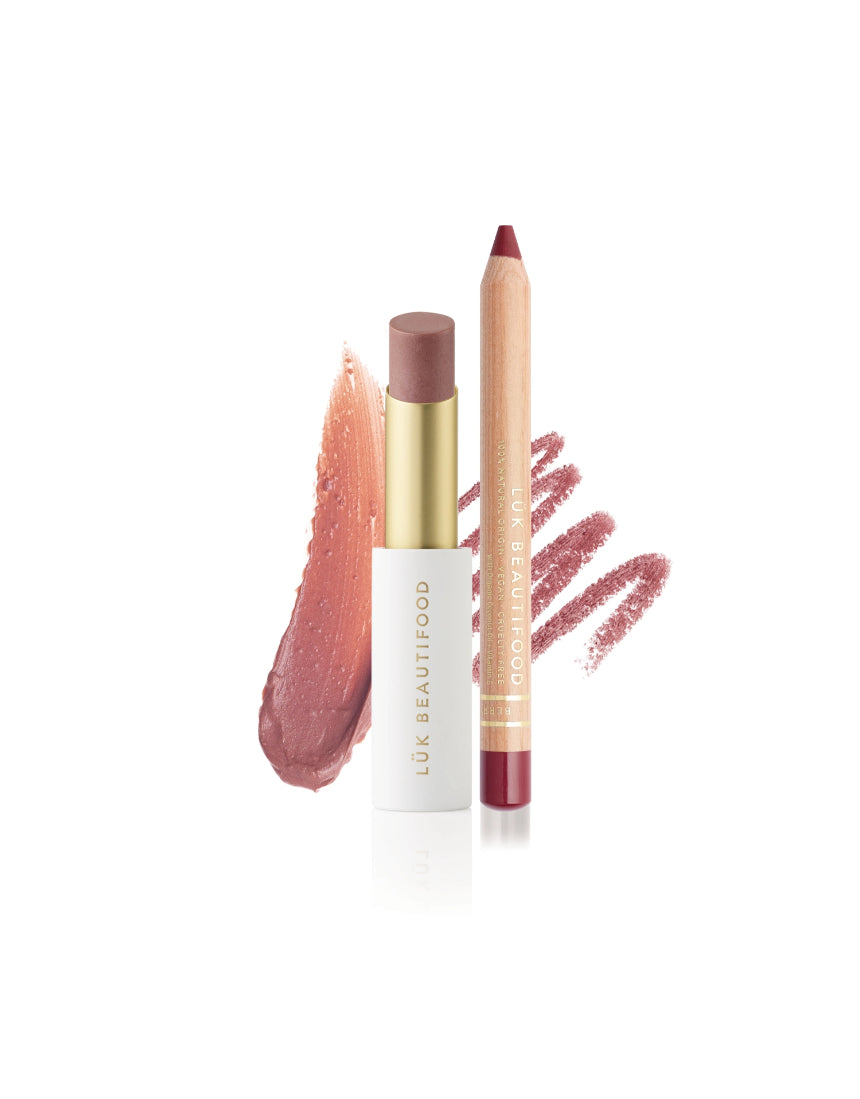 Lük Beautifood Nude Berry Duo lipstick set featuring two natural-toned lipsticks in soft nude and berry shades.