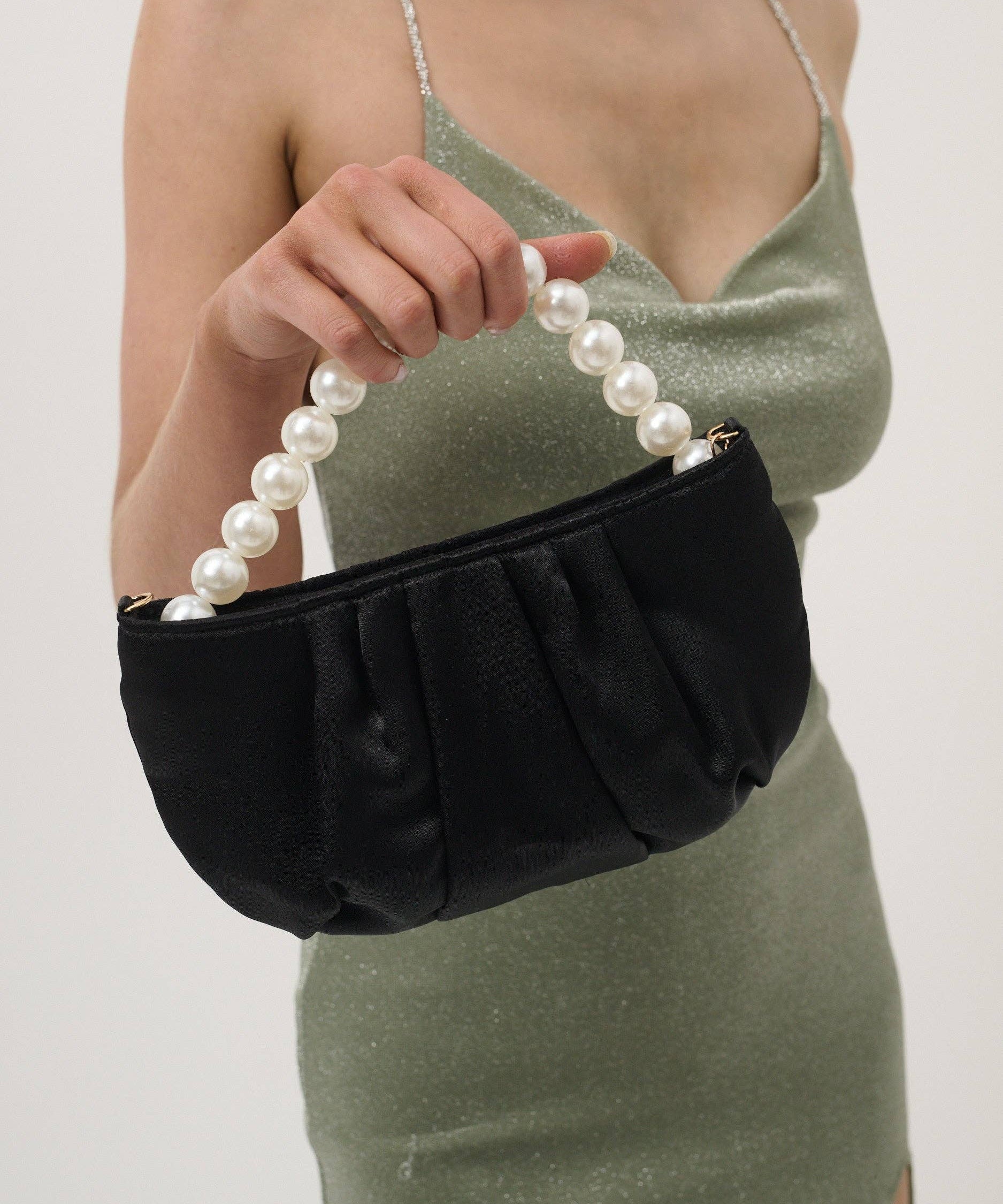 Victoria Satin Pearl Strap Bag in Black, bag, Angels Whisper Accessories - Say It Sister