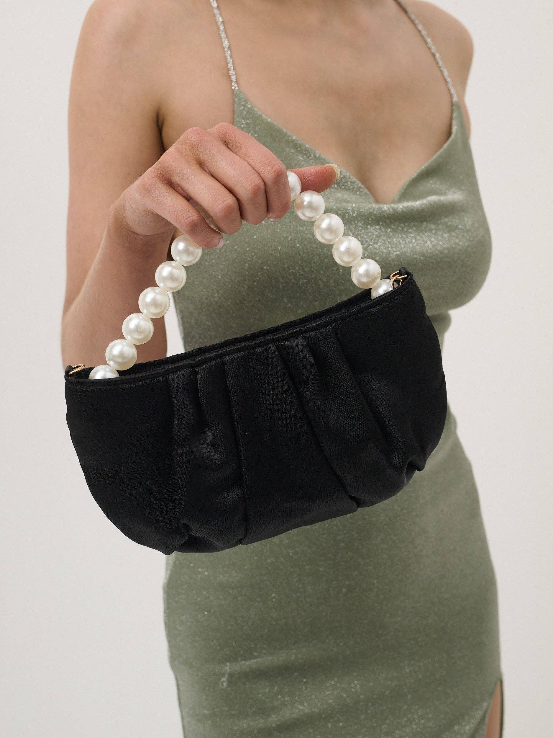 Victoria Satin Pearl Strap Bag in Black, bag, Angels Whisper Accessories - Say It Sister
