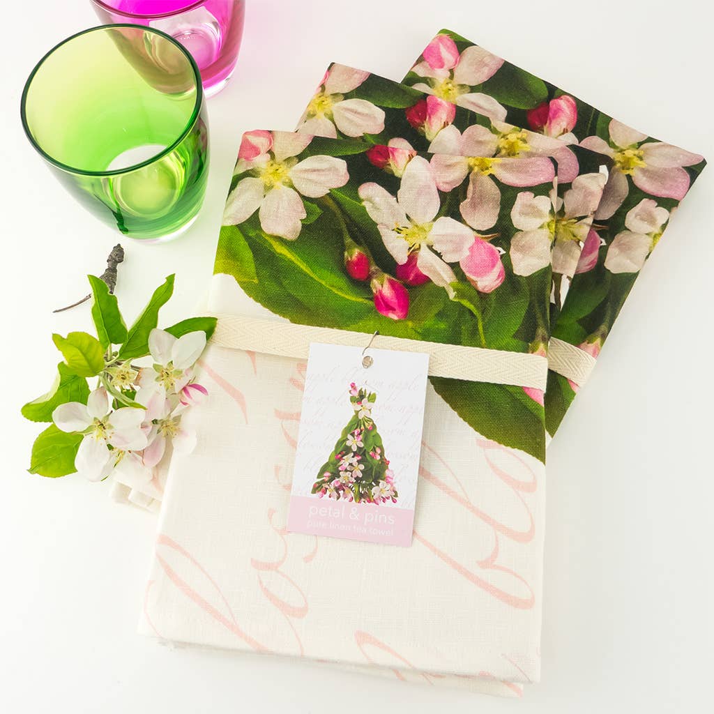 Floral Pure Linen Tea Towel - Apple Blossom Design, , petal & pins - Say It Sister