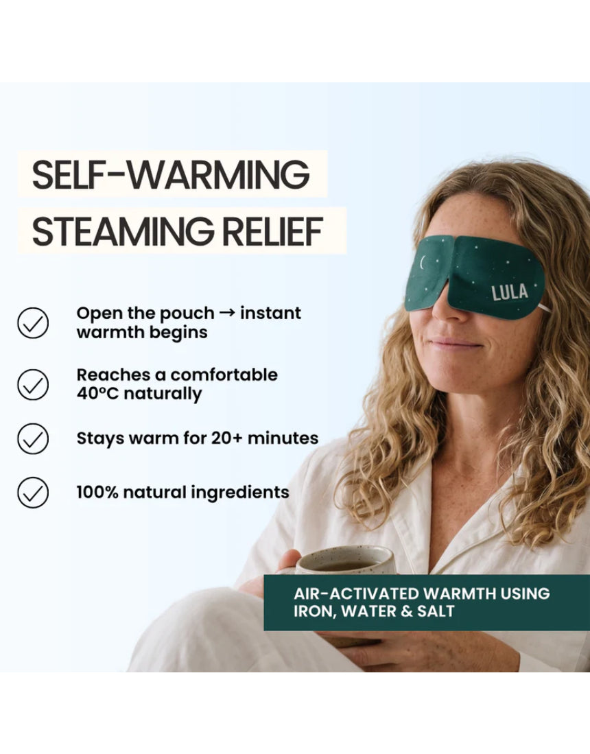 Lula self-warming eye mask with eucalyptus and tea tree, soft fabric designed for soothing relaxation, shown on the eye area.