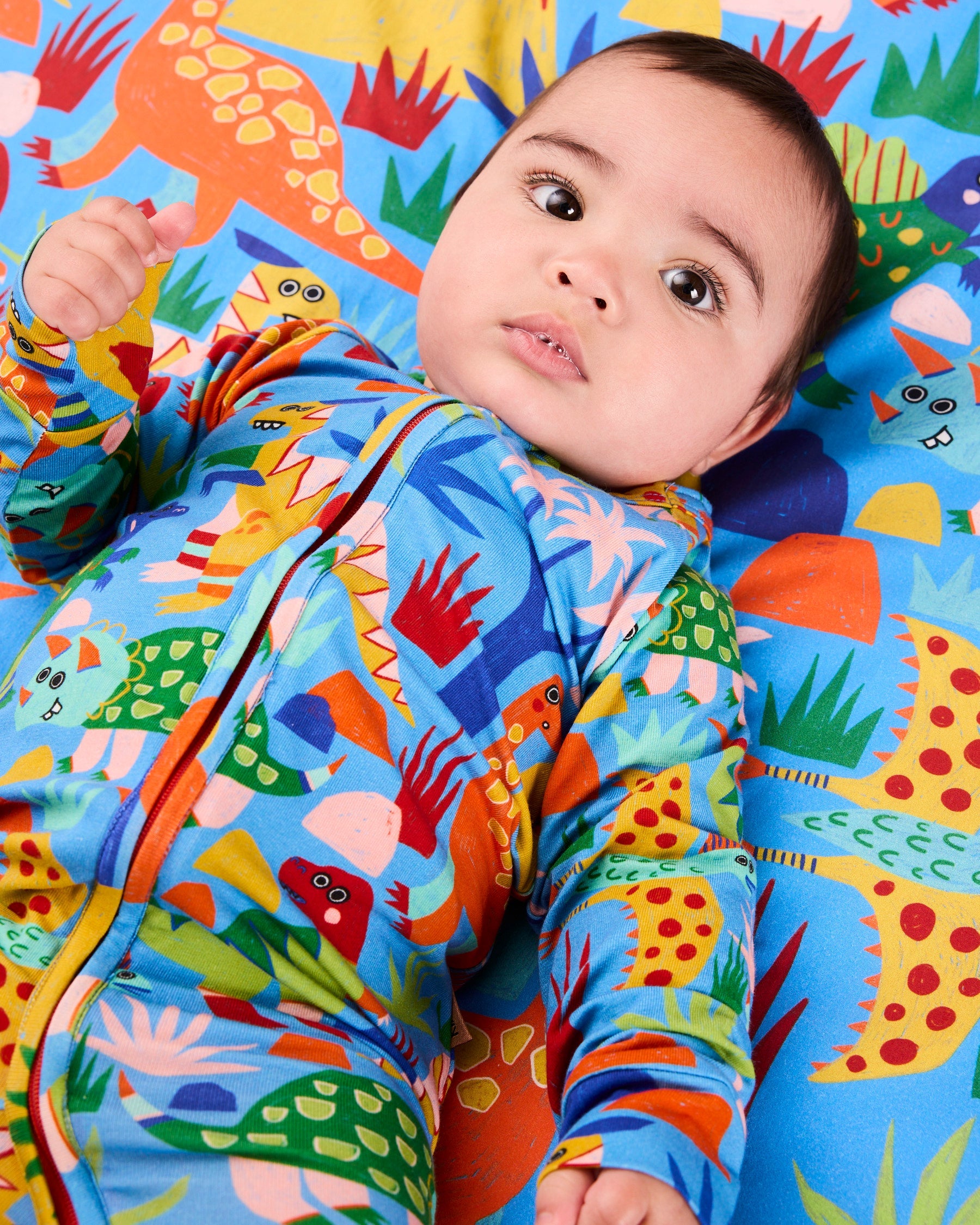 Kip & Co Dinosaur Roar organic baby long sleeve zip romper with colorful dinosaur print and soft cotton fabric.