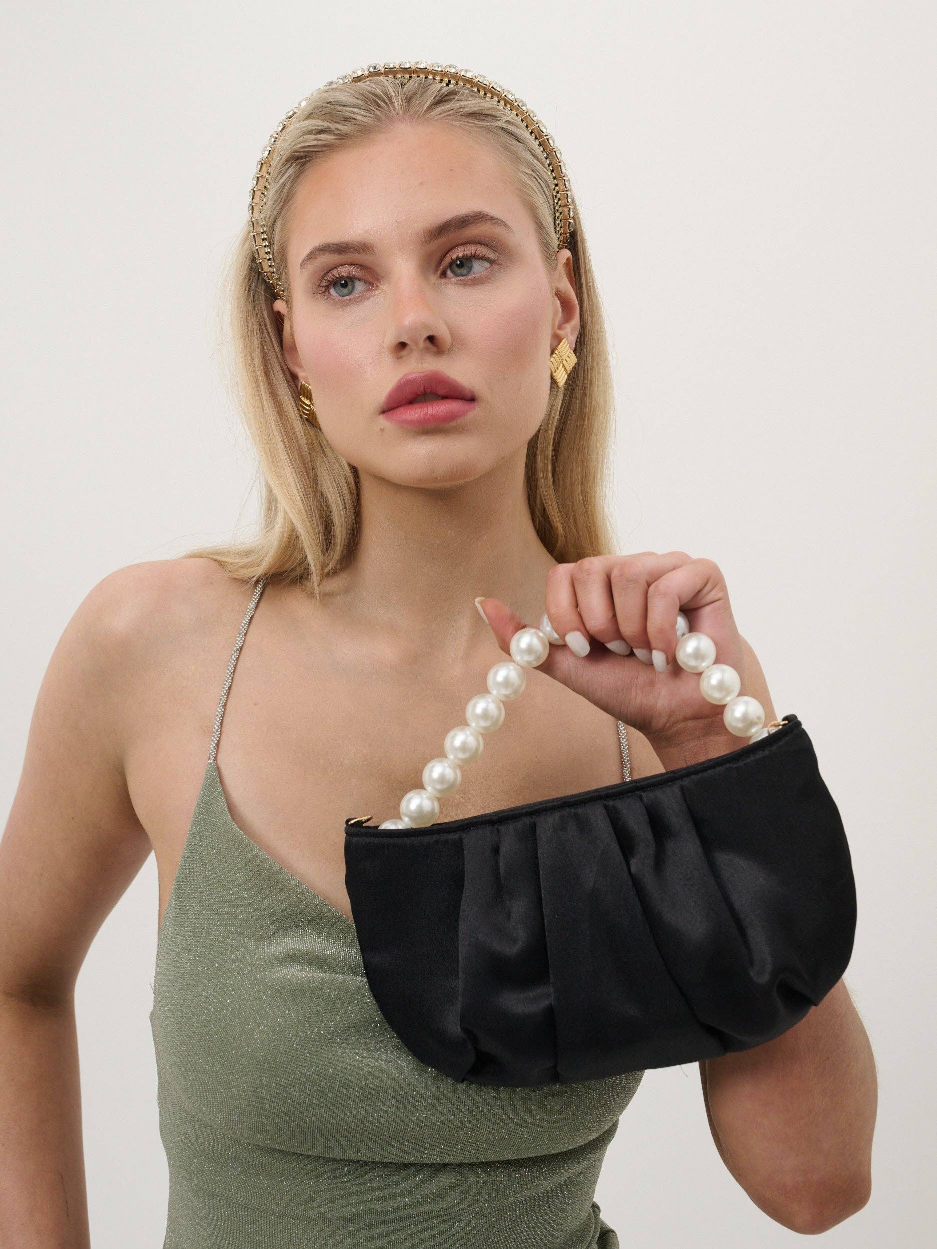 Victoria Satin Pearl Strap Bag in Black, bag, Angels Whisper Accessories - Say It Sister