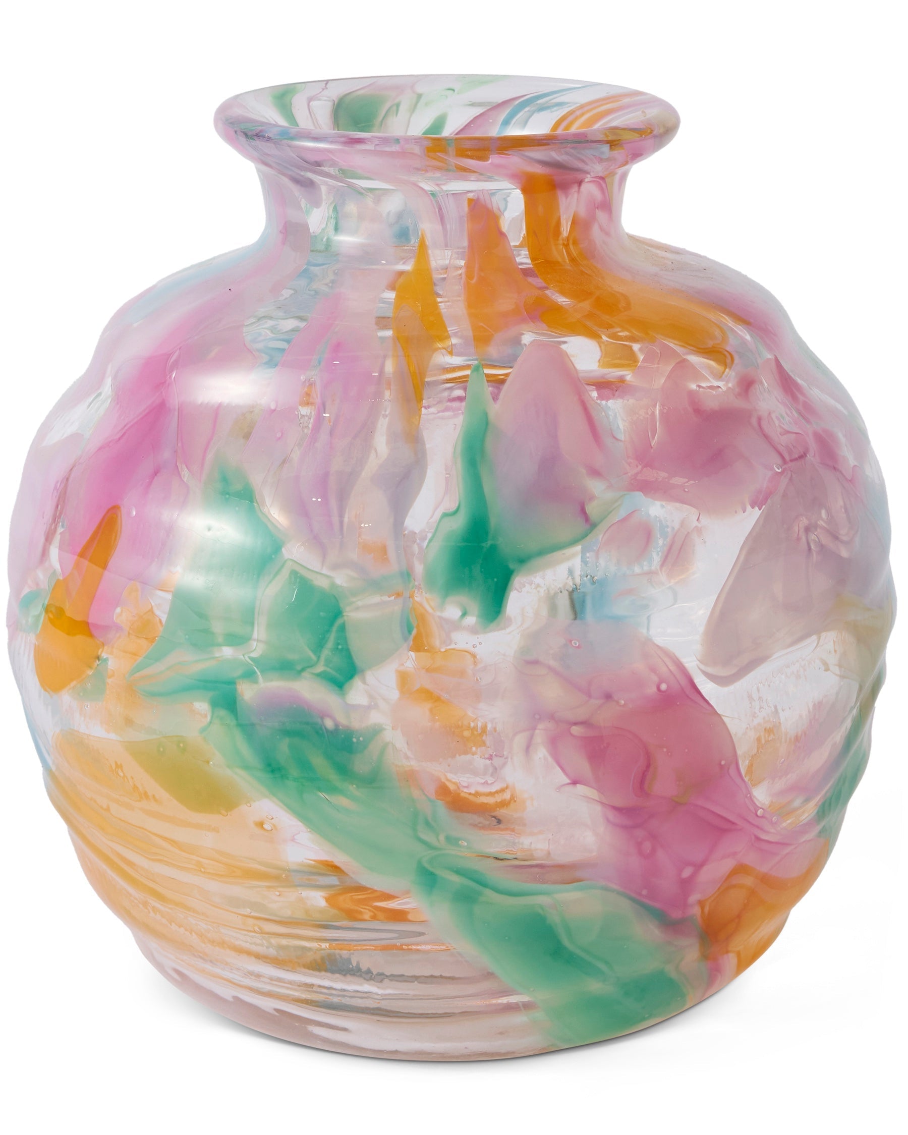 Kip & Co Swirl Sorbet Round Vase with colorful swirl design, smooth ceramic surface, and rounded shape for decorative display.