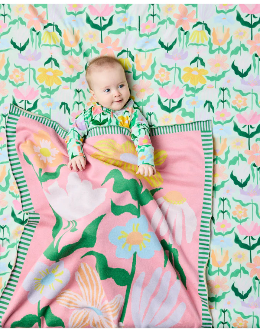 Kip & Co - Popping Flowers Green Cotton Knitted Blanket, , Kip & Co - Say It Sister