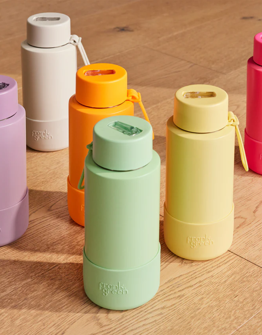 Large Frank Green Bottle Bumper Guard showing protective silicone cover around a reusable water bottle.