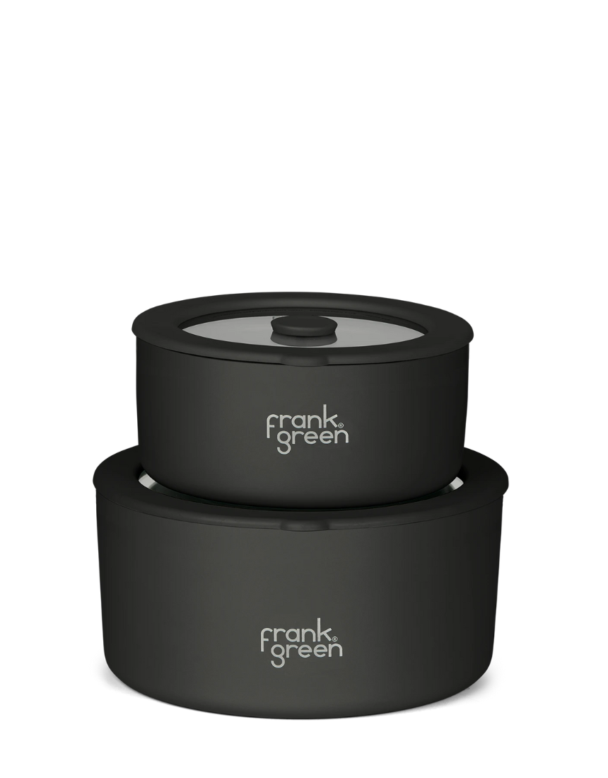 Frank Green stainless steel bowls with glass lids, 2-pack, including 700ml and 1500ml sizes for homeware storage.