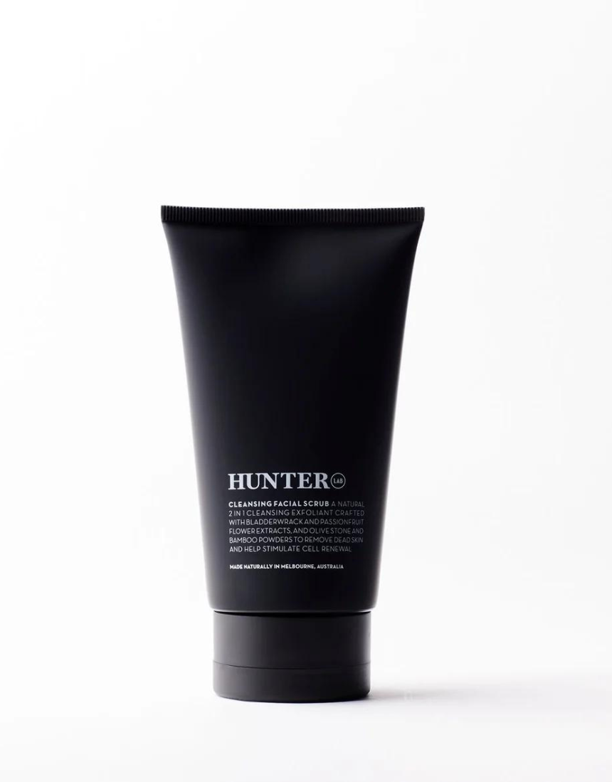 Hunter Lab Cleansing Facial Scrub in 150g container, a natural bath and body exfoliant with a textured scrub surface.