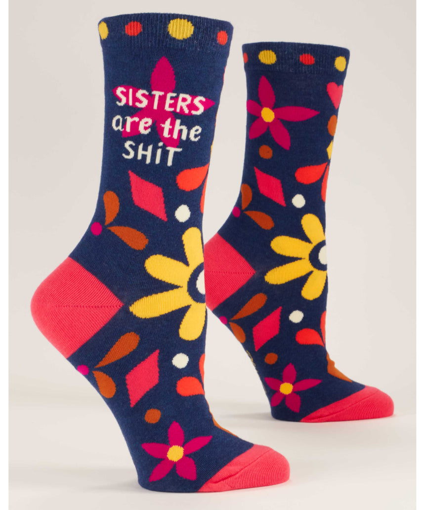 Blue Q Sisters are the Shit crew socks in vibrant blue with fun, bold lettering and comfortable fit.