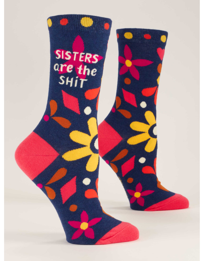 Blue Q Sisters are the Shit crew socks in vibrant blue with fun, bold lettering and comfortable fit.